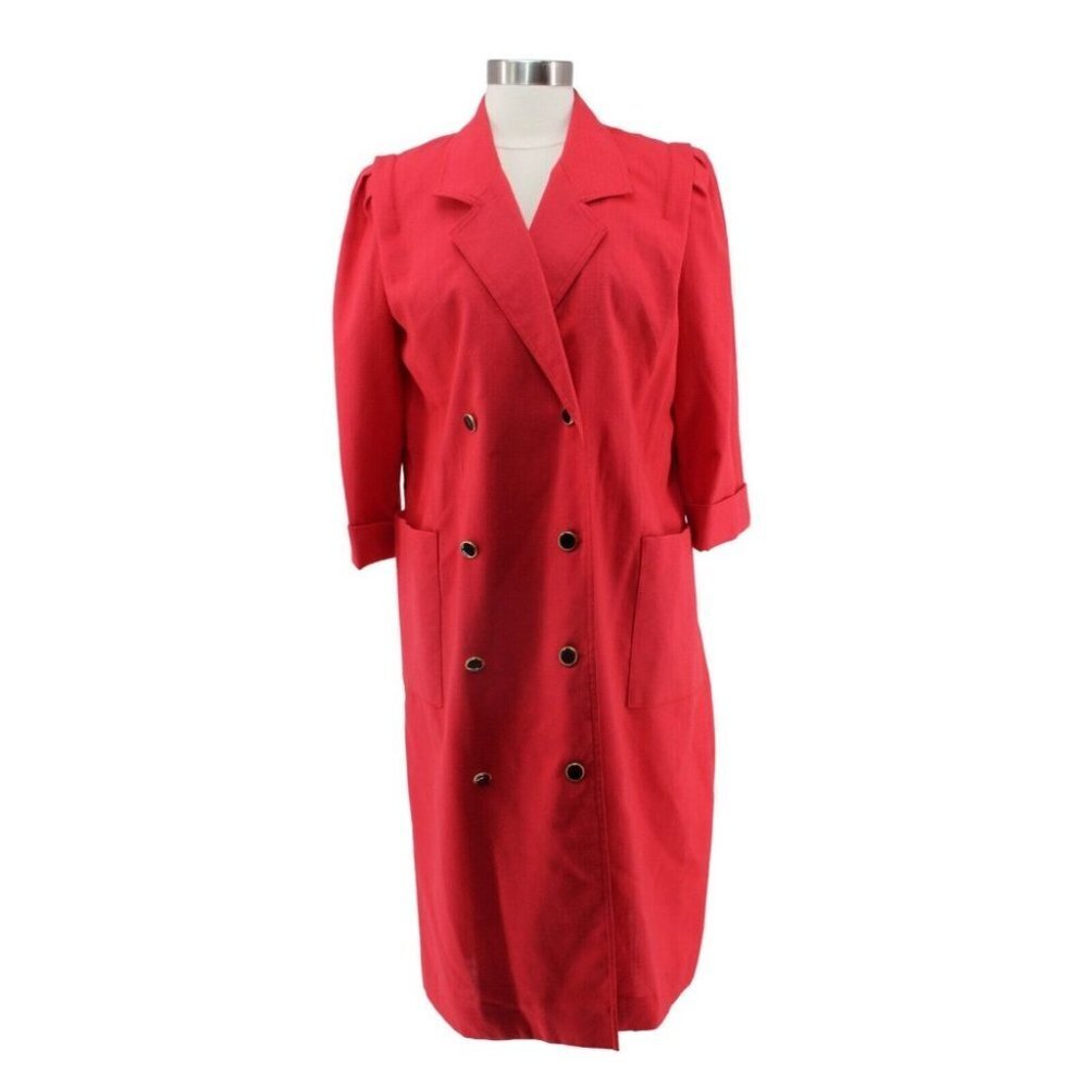 Vintage 90s Petite Leslie Fay Red Linen Double Breasted Button Up Dress Size 12P